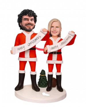 MERRY CHRISTMAS - CUSTOM BOBBLEHEAD FAMILY GIFTS DOUBLE HEADS CUSTOMIZED WITH ENGRAVED TEXT