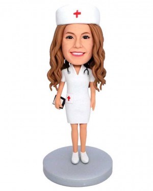 CHARMING WHITE-ROBED NURSE PARAMEDIC CUSTOM FIGURE BOBBLEHEADS