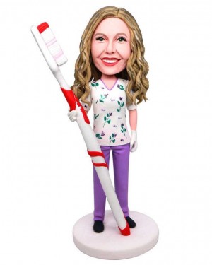 FEMALE DENTAL HYGIENIST WITH BIG TOOTHBRUSH CUSTOM FIGURE BOBBLEHEADS