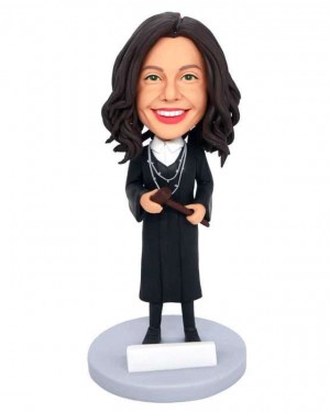 FEMALE JUDGE IN BLACK ROBE WITH A HAMMER CUSTOM FIGURE BOBBLEHEADS