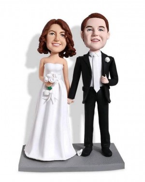 BRIDE AND GROOM HAND IN HAND CUSTOM WEDDING BOBBLEHEAD CAKE TOPPER