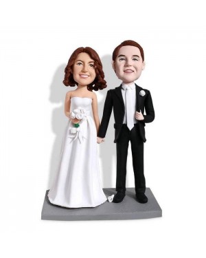 BRIDE AND GROOM HAND IN HAND CUSTOM WEDDING BOBBLEHEAD CAKE TOPPER