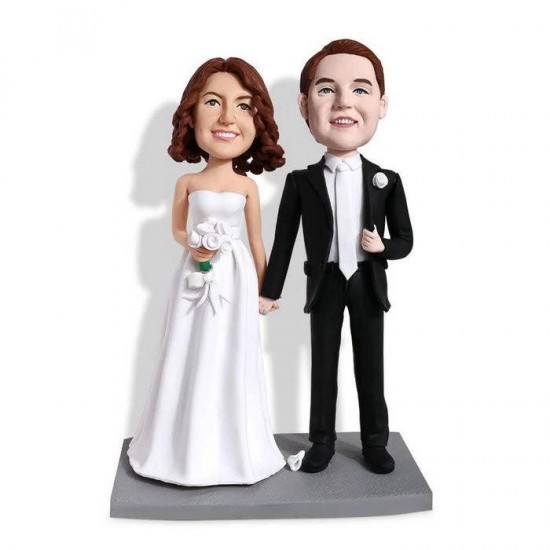 BRIDE AND GROOM HAND IN HAND CUSTOM WEDDING BOBBLEHEAD CAKE TOPPER