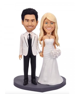 BRIDE AND GROOM IN WHITE SUIT AND DRESS CUSTOM WEDDING BOBBLEHEAD CAKE TOPPER