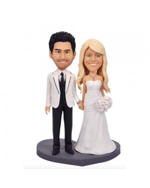 BRIDE AND GROOM IN WHITE SUIT AND DRESS CUSTOM WEDDING BOBBLEHEAD CAKE TOPPER