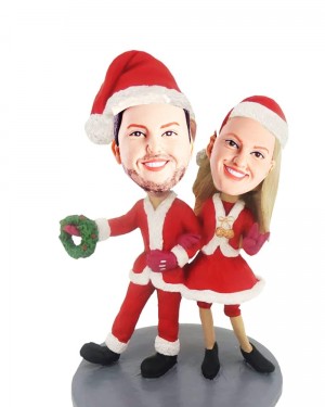 HAPPY COUPLE IN CHRISTMAS COSTUMES CUSTOM FIGURE BOBBLEHEADS