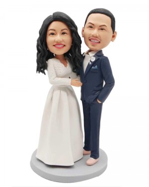 SWEET COUPLE IN WHITE WEDDING DRESS AND DARK BLUE SUIT CUSTOM WEDDING BOBBLEHEAD