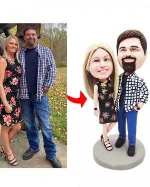 VALENTINE GIFTS - COUPLE IN FLORAL SKIRT AND T-SHIRT CUSTOM FIGURE BOBBLEHEADS
