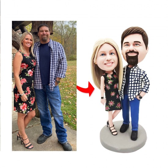 VALENTINE GIFTS - COUPLE IN FLORAL SKIRT AND T-SHIRT CUSTOM FIGURE BOBBLEHEADS